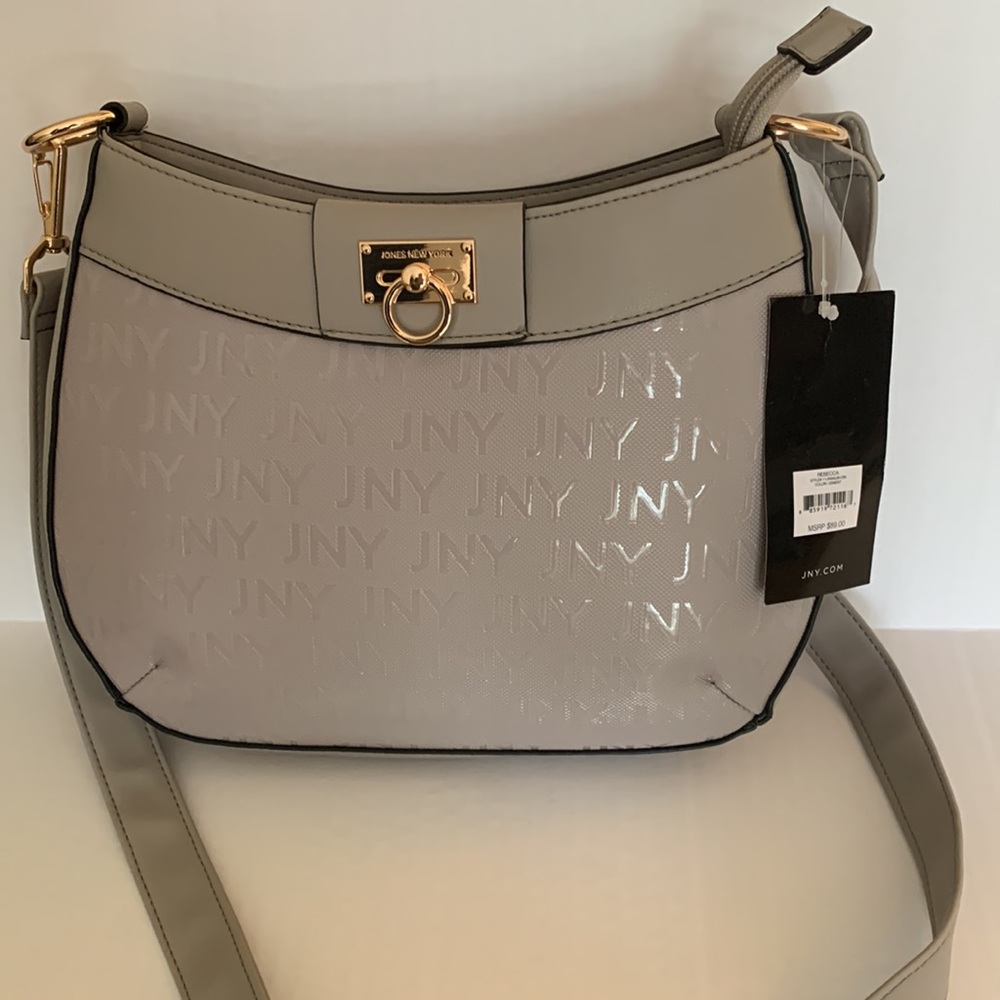 JONES NY. Faux Patent Leather, Signature, Cement Colored Bag.